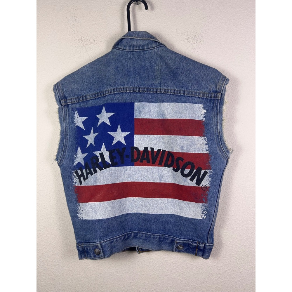 Vtg Harley Davidson Denim Vest Womens Blue Jean Biker American Flag Made in USA - Picture 5 of 5